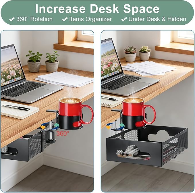 MYITYARD Desk Cup Holder Clamp, Anti-Spill Clip On Table Cup Holder with Rotation Drawer Organizer, Under Desk Storage Box Drink Holder for Desk Attachment, Gaming Desk Accessories for Office Home