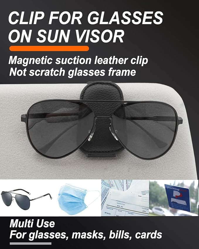 2 Pack Sunglass Holder for Car, Magnetic Leather Eyeglass Hanger Sunglass Clip for Car Visor, Car Sunglass Holder Organizer Storage, Car Interior Accessories (2PCS, Black)
