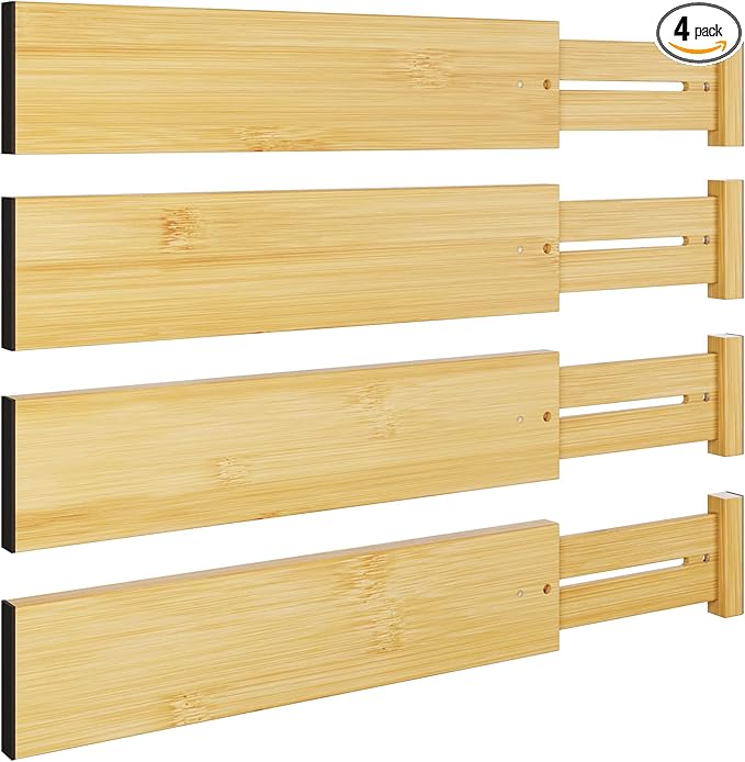 BAMEOS 4 pcs 3" High Bamboo Drawer Dividers Adjustable Drawer Organizer Expandable Drawer Organization Utensil Organizers for Kitchen Dresser Bathroom Bedroom and Office
