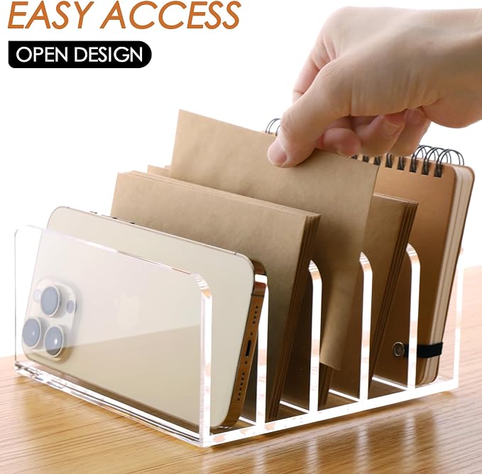 SANRUI Acrylic Desk Organizer, 5 Compartments Mail Organizer,Small File Holders Letter Organizer,Clear Office Organization,Multifunction Sorter Envelope Rack for Office,Home, School