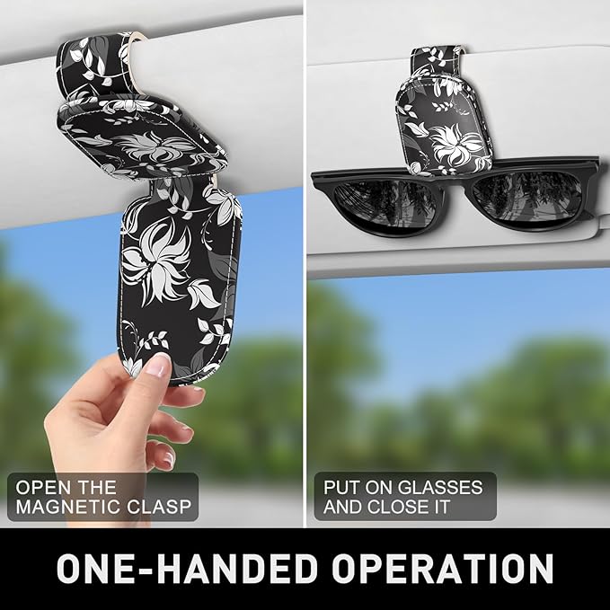 Sunglasses Holder for Car Visor, Magnetic Leather Car Sunglass Holder, Car Sun Visor Glasses Hanger Clip, Car Interior Accessories for Women Men, Fits All Size Eyeglasses
