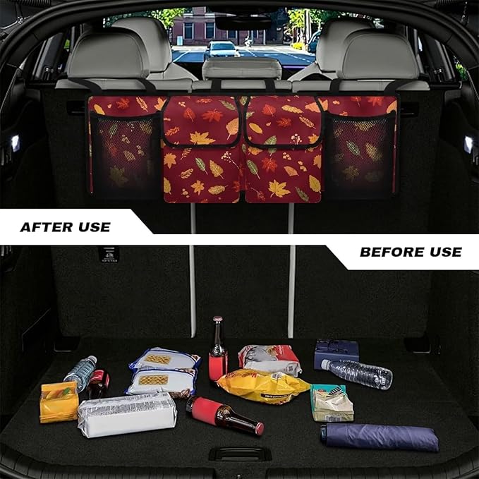 Car Trunk Organizer Thanksgiving Maple Leaves Prints Hanging Car Back Seat Storage Bag with 4 Large Pockets Multipurpose Collapsible Storage Bag Automotive Interior Accessories