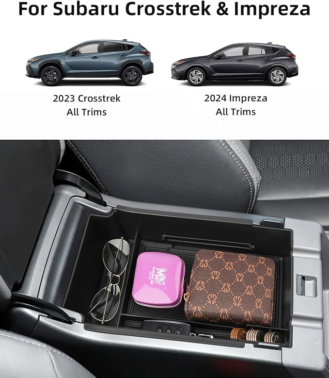 Center Console Organizer for 2024 2025 Subaru Crosstrek & Impreza, ABS Armrest Storage Box with Car Tissue Holder, Middle Console Tray Organize, Armrest Insert Container Pallet, Black