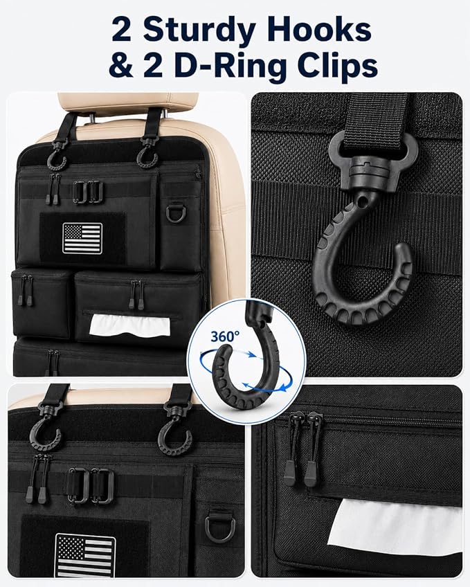 Backseat Car Organizer, Heavy Duty Tactical MOLLE Car Seat Back Organizer with 6 Pockets, 2 Sturdy Hooks, 2 D-Ring Clips, US Flag Patch & Hook Loop Panel, Universal Fit for Car SUV Truck Jeep Ford