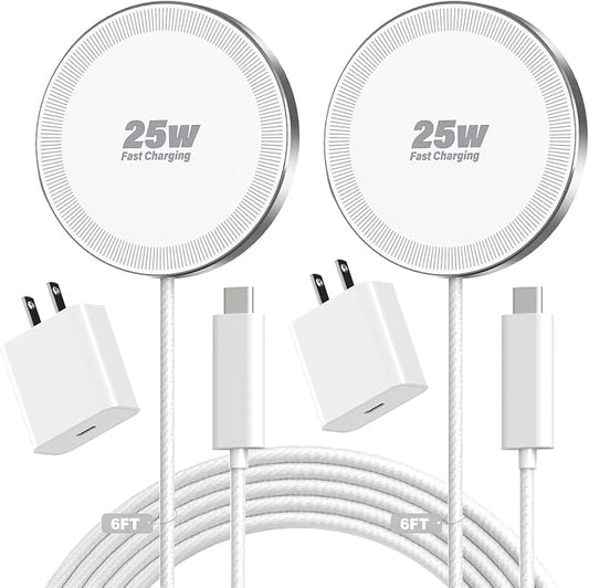 25W Magnetic Wireless Charger, 6FT Fast Charging Pad Wireless Charge for iPhone 17 16 /AirPods3/2/Pro/for Galaxy S26 Ultra/Pixel 10 Series, Portable Charger for Desk& Travel(2Pack,Elegant White)