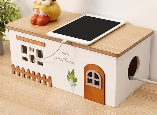 Cable Management Box, Wood Extension Cord Organizer, Handmade Power Strip Box for TV Computer Wire USB Hub System, Surge Protector Cord Hider Box on Desk or Floor (Large)