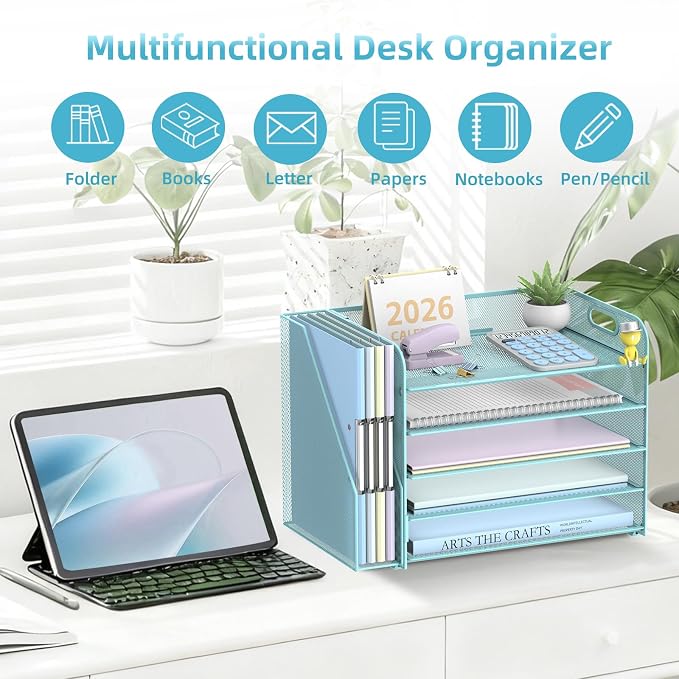 SUPEASY 5-Tier Desk Organizer with File Holder, Desk Organizers and Accessories, Paper Organizer for Desk, Mesh Desktop File Organizer, Workspace Organizers for Office School Home, Blue