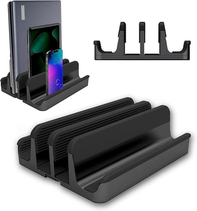 Elestoria 4- Slot Vertical Laptop Stand - Aluminum Laptop Stand Vertical for Desk - Fits MacBook Pro/Air, Surface, Mobiles & Gaming Laptops up to 17.3" - Heavy Duty Laptop Holder for Desk - Black
