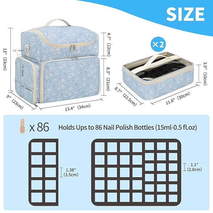 CUBETASTIC Extra Large Nail Polish Organizer Case Holds 86 to 100+ Bottles Nail Polish & Nail Lamp, Nail Supplies Storage Carrying Bag with 2 Removable Pouches, White Floral in Blue
