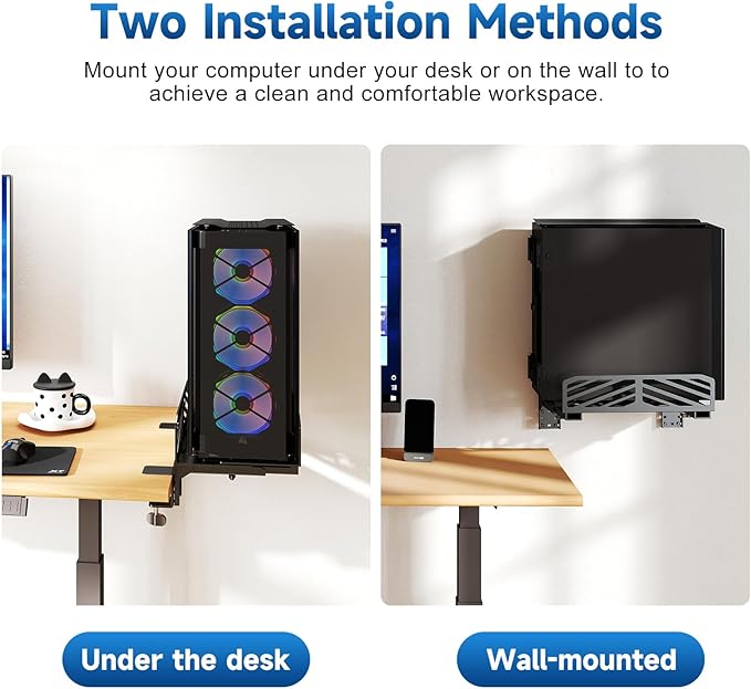 Suptek Clamp-on Desk Extender PC Desk Mount Holder,Standard and Large Gaming Computer Case Stand, Adjustable Width PC Mount, Black