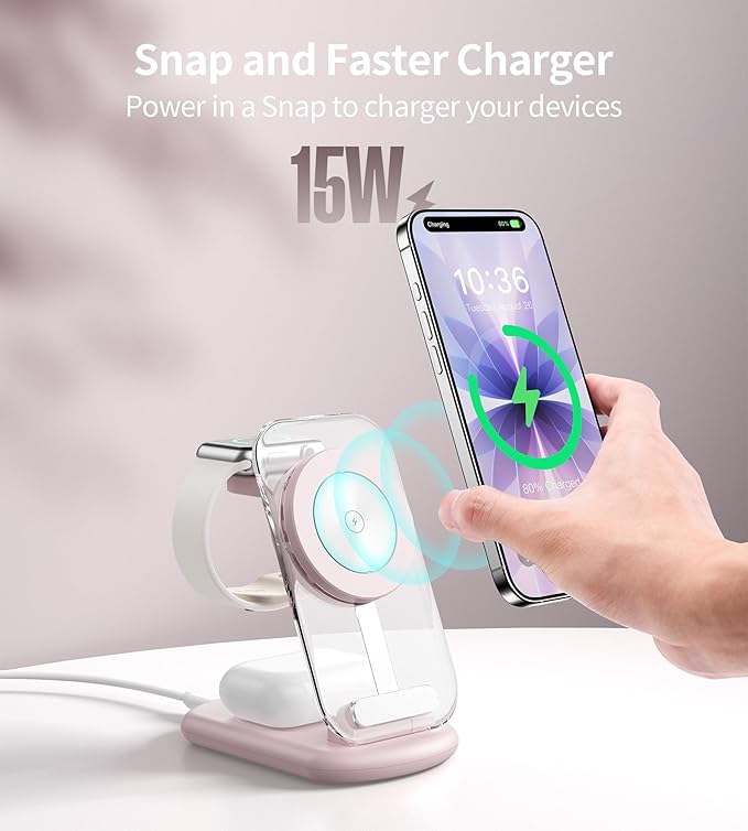 3 in 1 Magnetic Wireless Charging Station for Apple Devices, Fast Foldable Travel Mag-Safe Charger Stand with Night Light for iPhone 17 16 15 14 13 12 Series, Apple Watch/AirPods Pro, PK