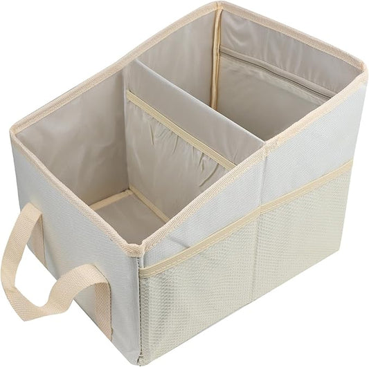 Hovom Car Organizer, Automotive Passenger Seat Organizer, Car Caddy with Multiple Compartments & Pockets, Collapsible Small Vehicle Storage Organizers for Front and Back Seat, Trunk, Floor (Beige)