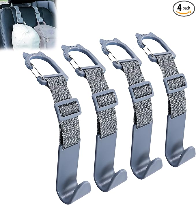 Amooca Car Headrest Hooks 4 Pack Adjustable Universal Fit Auto Seat Back Organizer Storage Hanger Purse Bags Holder with Clip Gray
