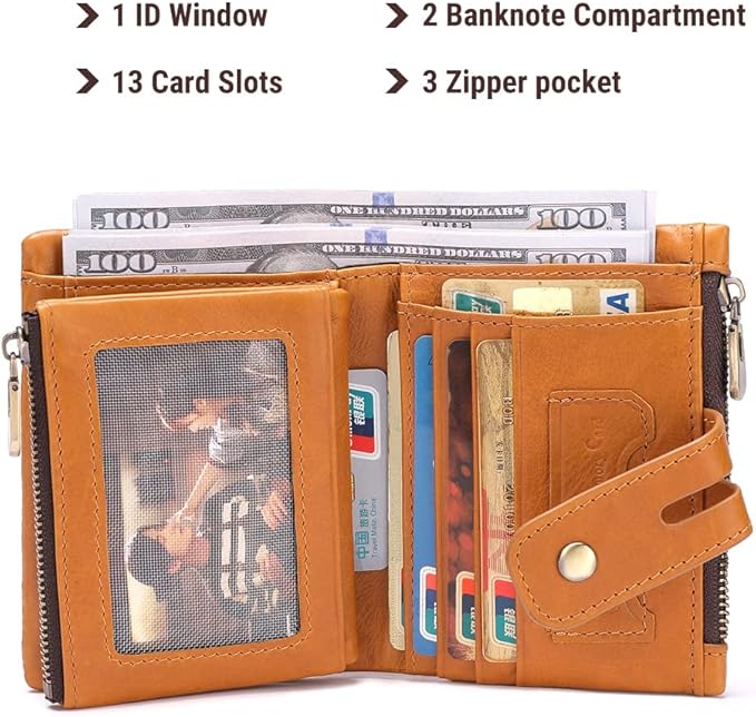 Mens Wallet with Chain Genuine Leather Purse RFID Blocking Biker Bifold Wallet with Anti-Theft Chain