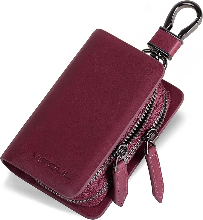 VISOUL Car Key Case Holder Double Zipper, Leather Car Smart Key Fob Case with Keychain for Men and Women