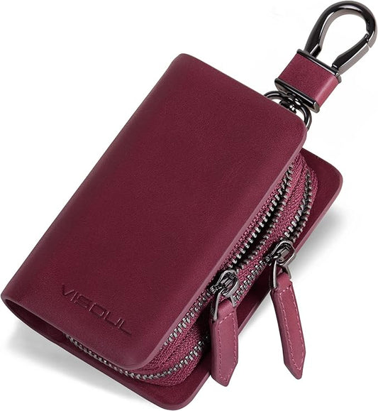 VISOUL Car Key Case Holder Double Zipper, Leather Car Smart Key Fob Case with Keychain for Men and Women