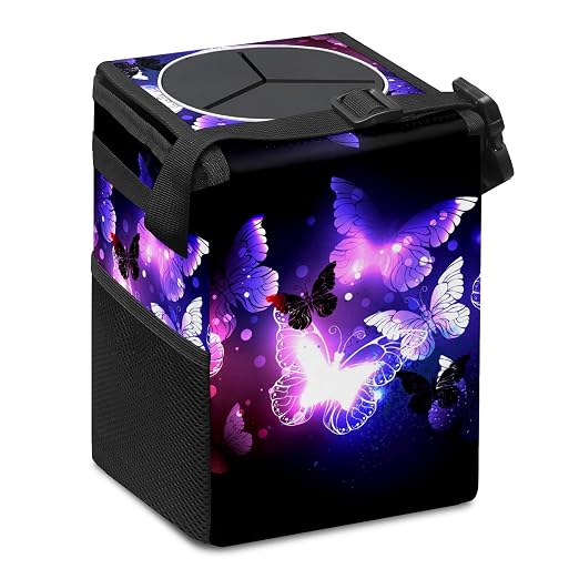 Purple Butterfly Trash Can With Lid - Collapsible Reusable Waterproof Car Garage Bag, Automotive Garbage Can, Accessories Interior Organizer