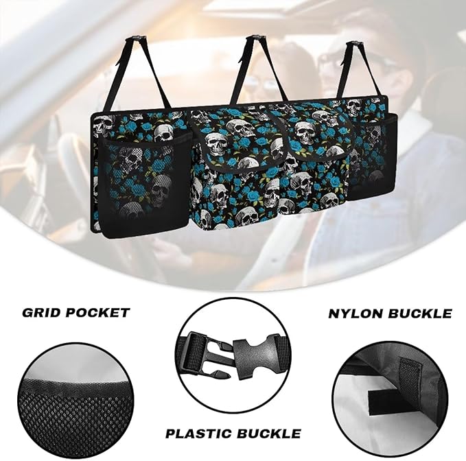 Skull Flower Car Trunk Organizer, 4 Compartment, Waterproof, Hanging, SUV, Sedan, Van, Truck, Bold and Floral