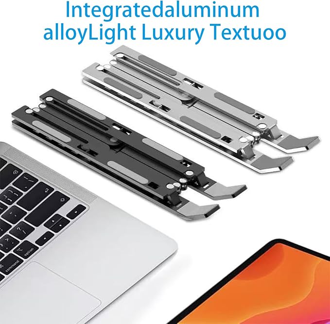 Ergonomic 7-Levels Angles Adjustable Laptop Stand, Portable Laptop Stand for Desk, Aluminum + Silicone Foldable Ventilated Cooling Laptop Riser for 10-17” Laptops, Tablets (Black