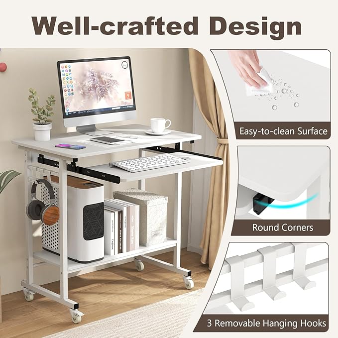 Tangkula Rolling Computer Desk Cart with Keyboard Tray, Mobile Portable Laptop PC Desk with CPU Stand & 3 Hooks for Sofa & Bed, Compact Small Desk on Wheels for Small Spaces (White)