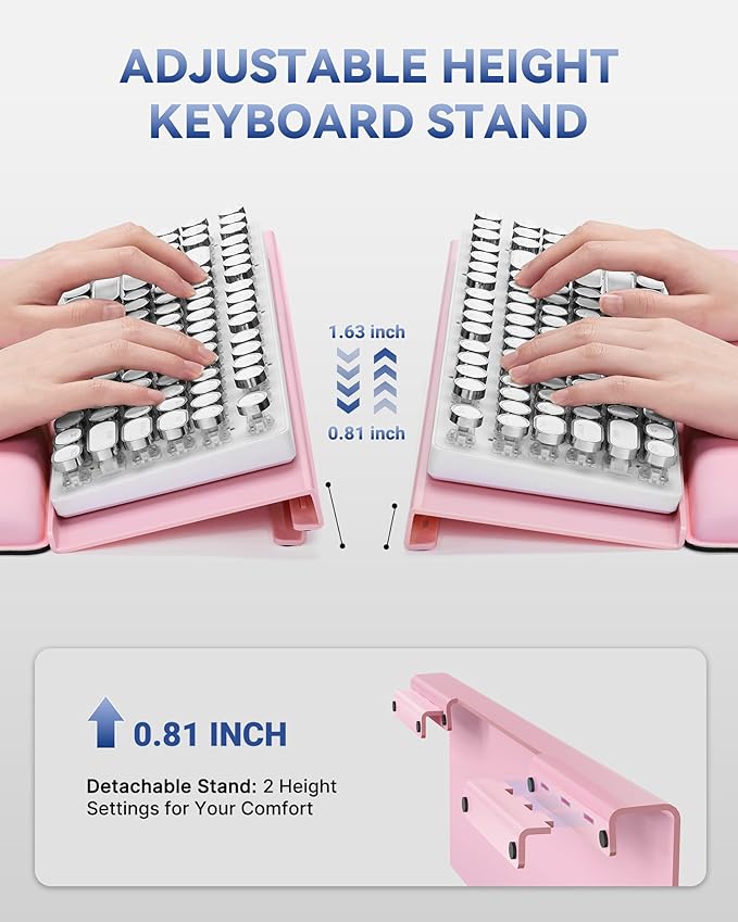 Computer Keyboard Stand for Desktop, 2-Level Height Adjustment Keyboard Wrist Rest, Non-Slip Key Board Riser Pad for Office, Gaming, and Home Desks(Pink)