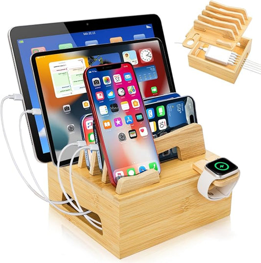 Bamboo Charging Station for Multi Devices, Small Desktop Docking Stand, Cell Phone Docking Station Charger Organizer for Tablets, Smart Watch (No USB Charger No Charging Cables)