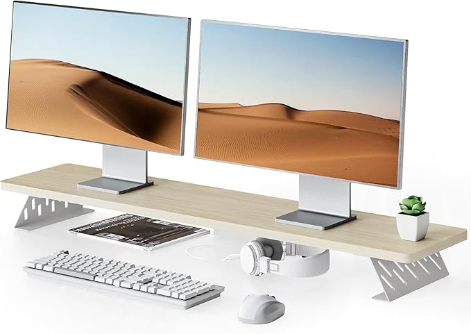 Fenge Dual Monitor Stand Riser, 42.5 Inch Desk Top Shelf for 2 Monitors, Computer Stands for Desk, Wood & Steel Desktop Riser for Laptop, PC, Printer