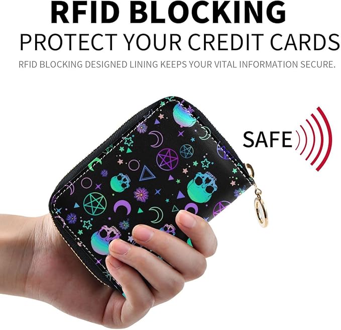 Magic Skull RFID Credit Card Holder Wallets Accordion for Women Leather Zipper Card Case Accordion Wallet for Ladies Girls