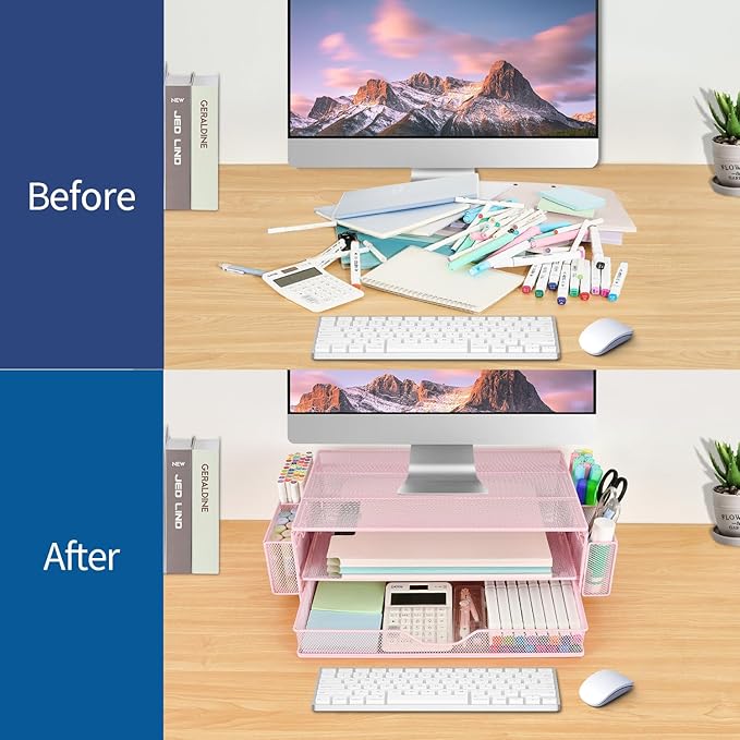 AUPSEN Computer Monitor Stands Riserï¼?-Tier Desk Organizers and Accessories, Office Desk Accessories Organizer with Drawers and 2 Pen Holder for Office Supplies (Pink)