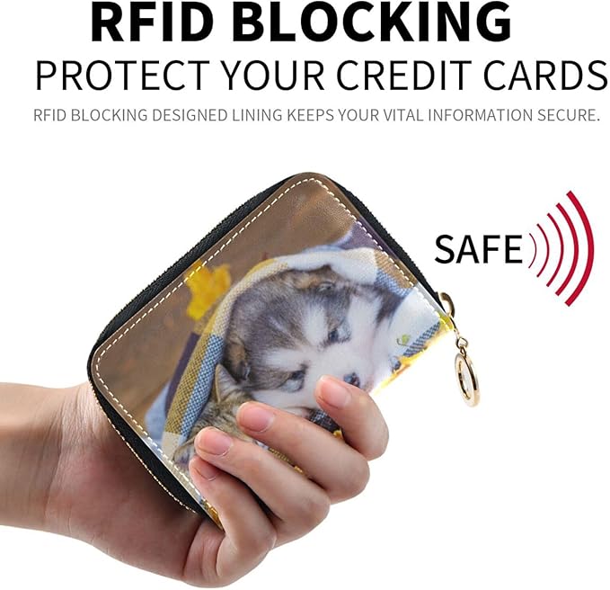 Cute Siberian Husky Cat RFID Credit Card Holder Wallets Accordion for Women Leather Zipper Card Case Accordion Wallet for Ladies Girls