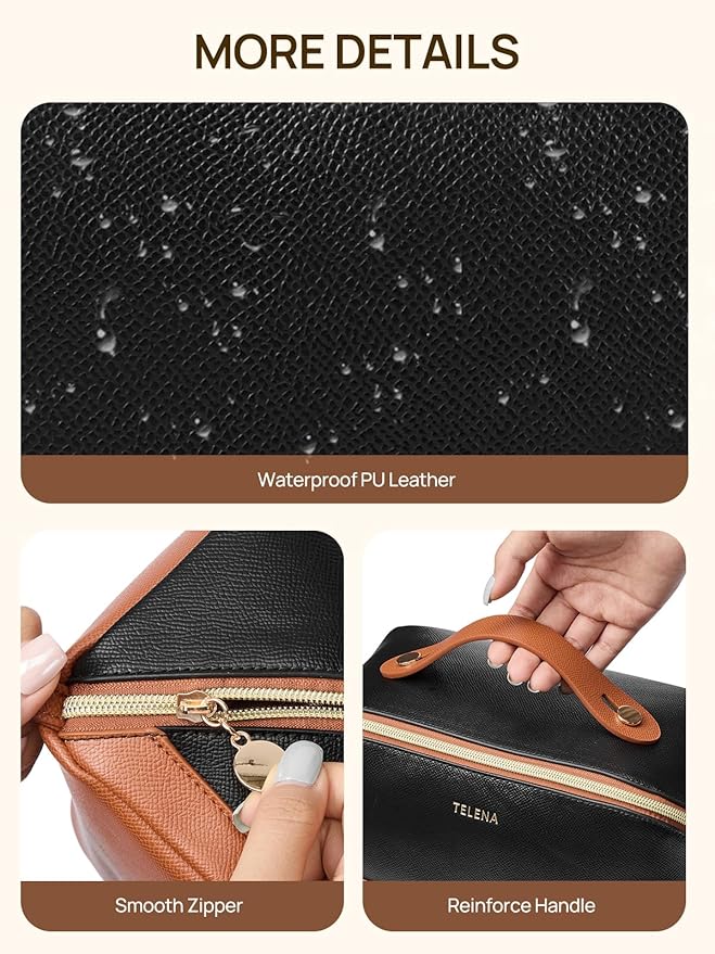 Telena Leather Make Up Bag Portable Travel Makeup Bag Waterproof Cosmetic Bags for Women Large Capacity With Handle and Divider Open Lay Flat