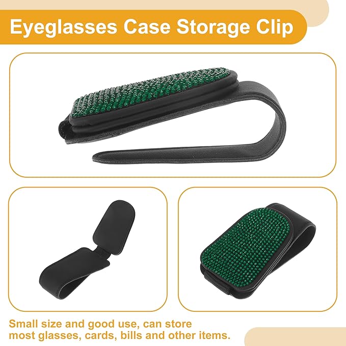 Motoforti Car Sunglasses Clip Magnetic Universal Sun Visor Eyeglasses Holder Clip PU Leather,Rhinestones Green 8.5x5cm 1 Pcs