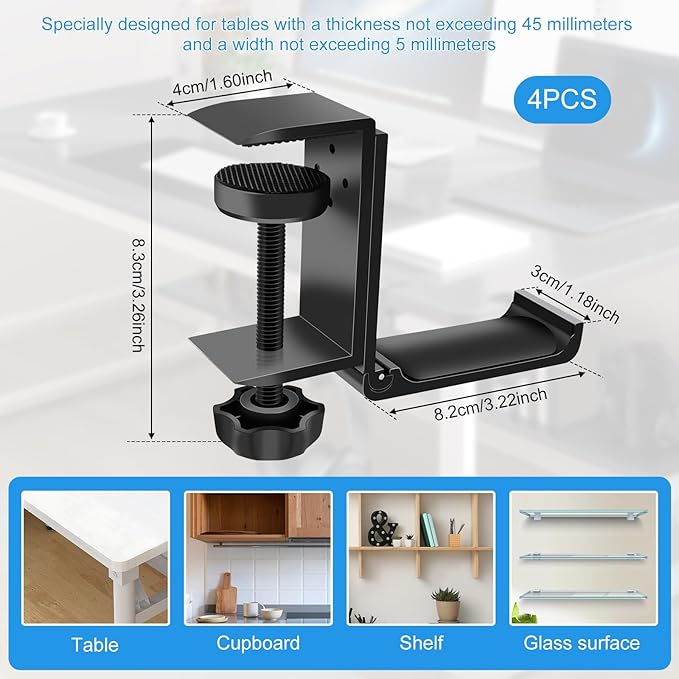4PCS Headphone Stand Hanger Holder, Foldable Aluminum Desk Headphone, Universal Space Saving Headset Stand Multifunctional Under Desk Hanger for Home Office