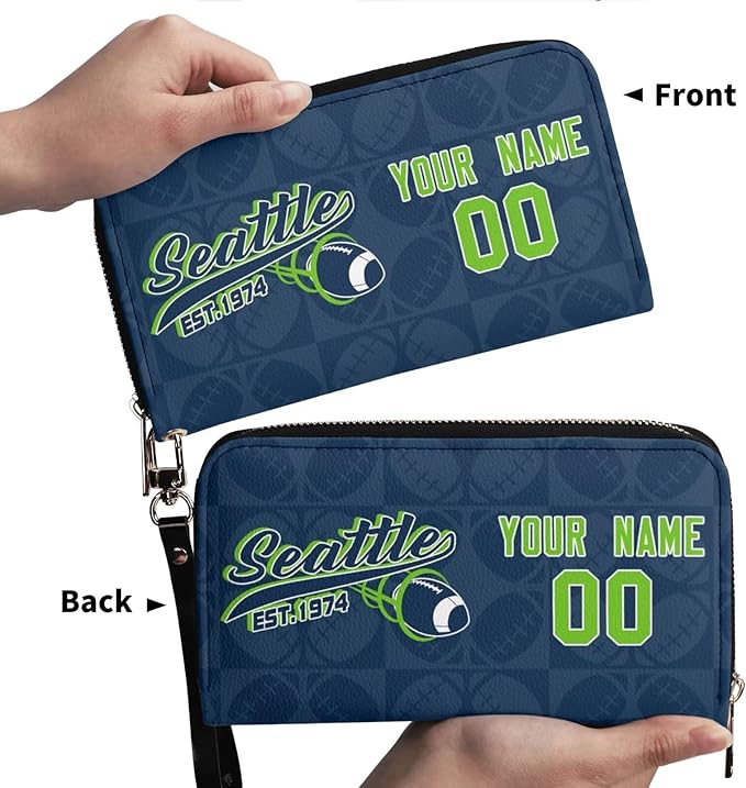 Custom Sports Team Zip Organizer Wallet-Personalized PU Leather Wallet with Name Number,Multi-Card Slots,Wrist Strap,Fan Gift for Men Women.