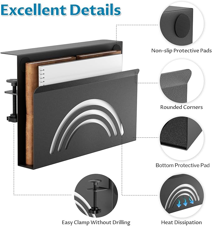 Onemake Rainbow Desk Side Storage, No Drill Laptop Holder, Clamp on Desks Shelf with Magnetic Pen Holder, Hanging Desk Organizer for Home Office, Fits Flat Edge Tables 0.4" to 2.3"