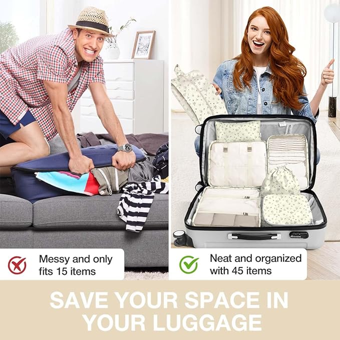 8 Set Packing Cubes for Suitcases, Packing Cube with Shoe, Cosmetics, Clothing, and Accessories Bags for Travel Luggage Organizer Women Men(Grey Flowers)