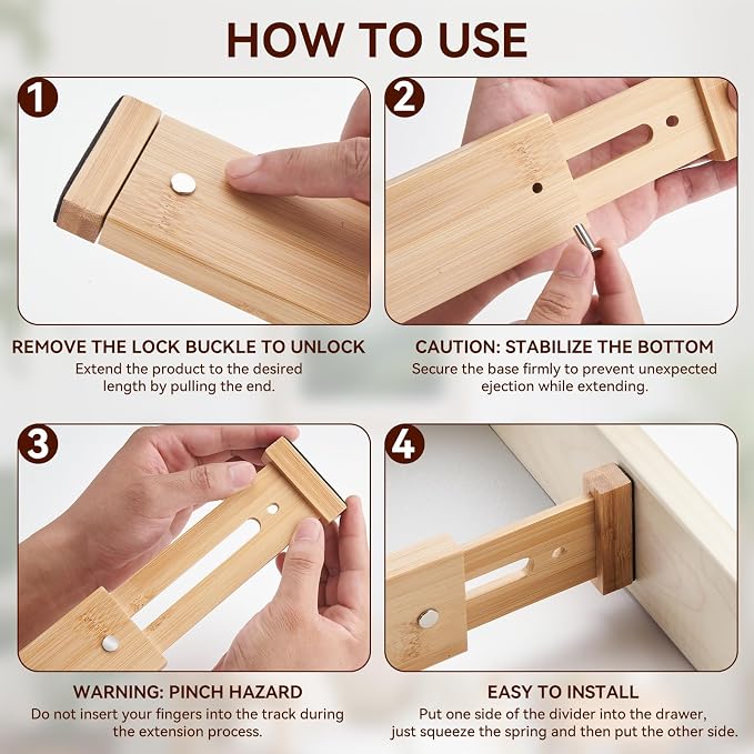 Drawer Dividers,Kitchen Drawer Organizer,2 Pack 17.3''-22'' Adjustable Bamboo Drawer Dividers