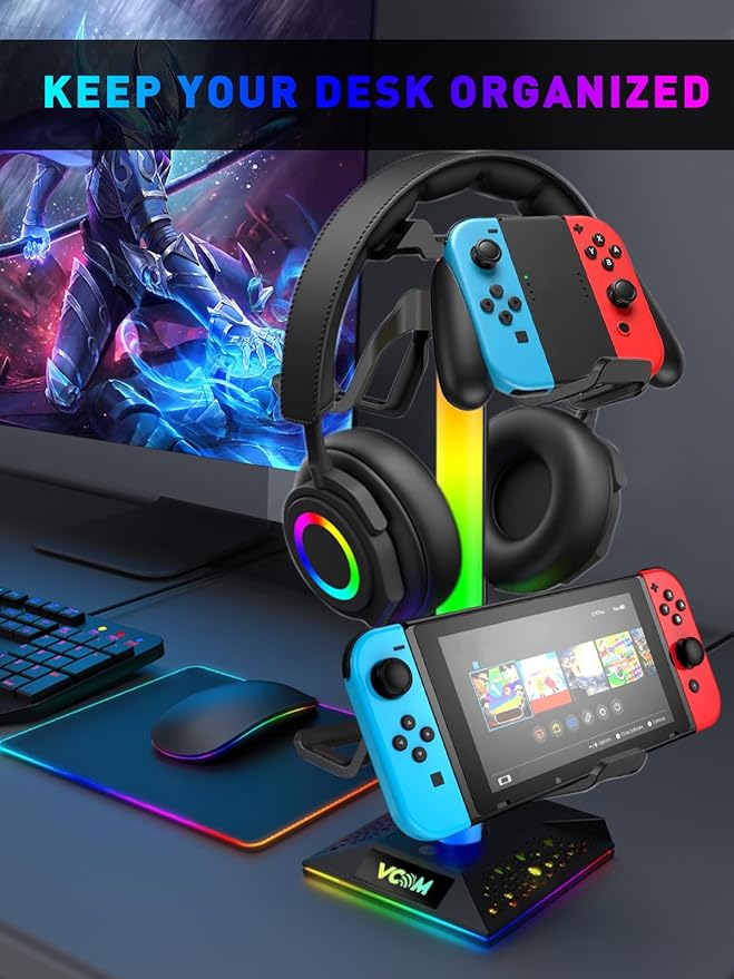 VCOM RGB Gaming Headphones Stand with 2 USB and 1 Type-C Ports, Headset Stand with 10 Light Modes and Non-Slip Rubber,Suitable for All Earphone Accessories, Best Gift for Desk Gamers