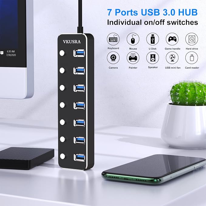 USB Hub, VKUSRA 7 Port USB Hub 3.0 with 4ft USB Long Cable, and Aluminum USB 3.0 Hub with Individual On/Off Switch and LED Indicator, USB Splitter for Laptop & PC, Power Adapter Not Included