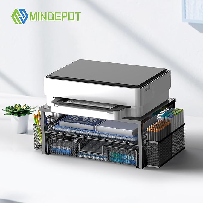 MINDEPOT 2 Tier Computer Monitor Stands with Drawer and 2 Pencil Holder, Metal Monitor Stand, Office Desk Accessories Workspace Desktop Organizers for Office Supplies, Black