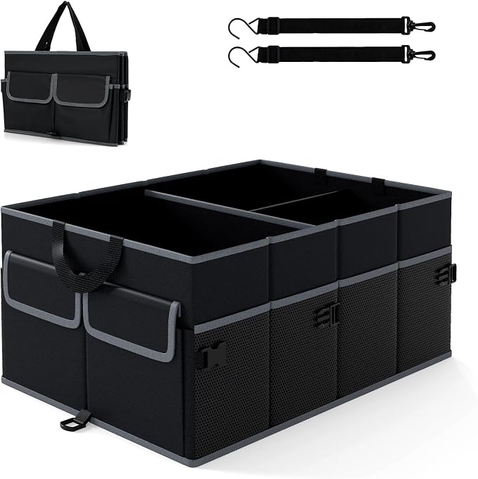 Goplus Collapsible Trunk Organizer, 13 Gallon Foldable Car Storage Organizer with Extenable Compartments, Pockets, Securing Straps, for SUV Van Sedan Truck, 22" x 16" x 10"