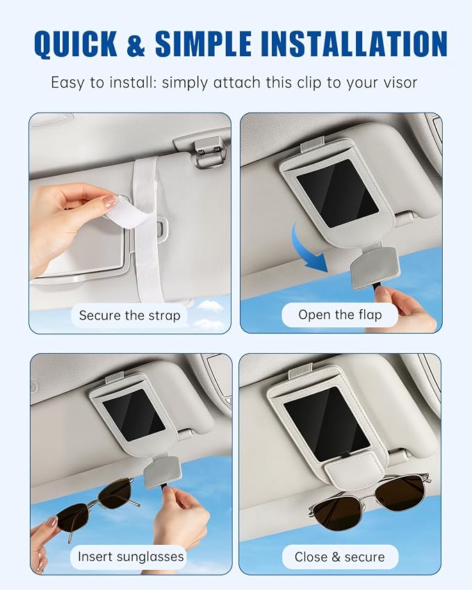 Car Visor Sunglasses Holder, 3 in 1 Glasses Clip with Photo Picture Display & Extra Storage Pocket, Anti-Slip Universal Sun Visor Organizer, 2026 Upgraded (2, Off-White)