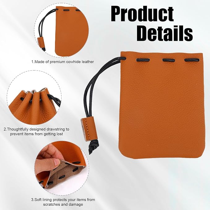 Penitue Leather Drawstring Pouch, Cowhide Vintage Leather Storage Bags Pouch Medieval Coin Purse Organizer for Earphone (Light Brown)