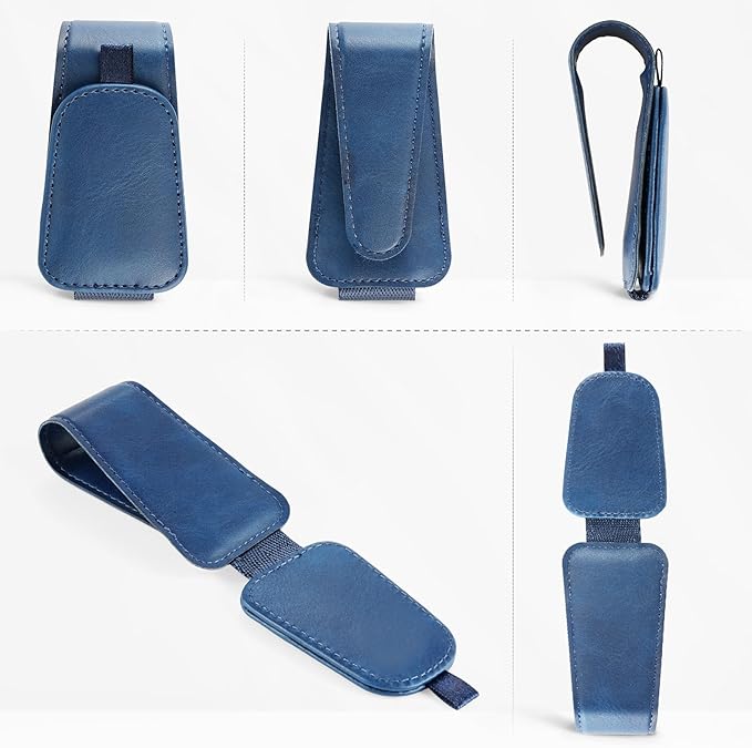 SINGARO 2 Pack Sunglass Holder for Car Visor Sunglasses Holder Clip, Universal Non-Slip Magnetic Leather Glasses Eyeglasses Hanger Mounter, Truck Interior Car Visor Accessories for Woman Man, Blue