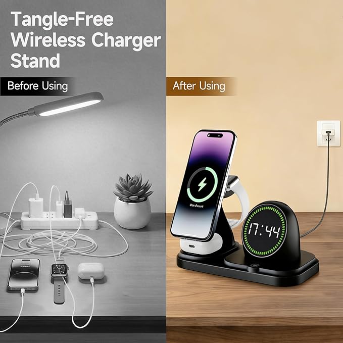 6 in 1 Wireless Charger i-Phone Charging Station: Stand for Multiple Devices for Apples - Compatible i-Phone 17 16 15 14 13 Pro Max Apples Watch Airpods, Design with Wireless Speaker & Clock (Black)
