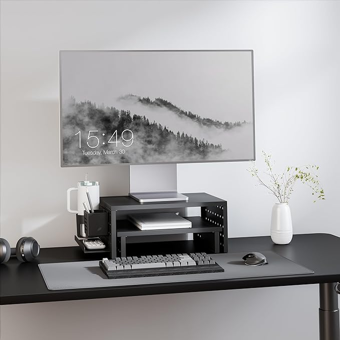 Kantek Pegboard Dual Monitor/Laptop Stand, 2 Ergonomic Platforms, Includes Accessories, Desk Organizer, Black MDF and Metal
