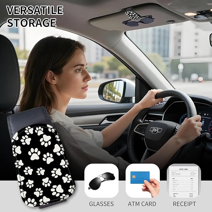 Sunglasses Holder for Car Visor, PU Leather Glasses Clip Organizer, Cute Magnetic Eyeglass Holder for Vehicle Sun Visor, Car Interior Accessory for Women & Men Black White Dog Paws