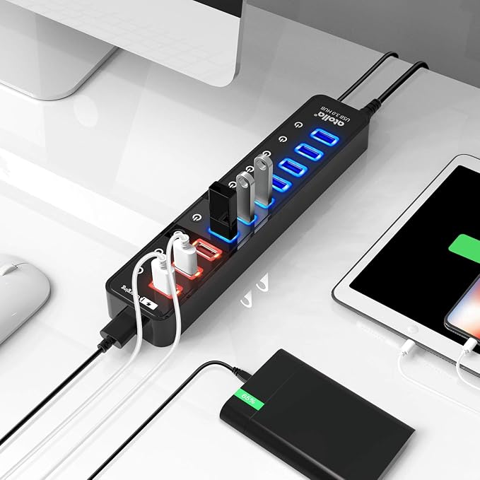 Powered USB 3.0 Hub, USB 3.0 Data Hub 11 Ports - 7 USB 3.0 Data Ports + 4 Smart Charging Port with Individual On/Off Switches and 12V/4A Power Adapter USB Hub 3.0 Splitter
