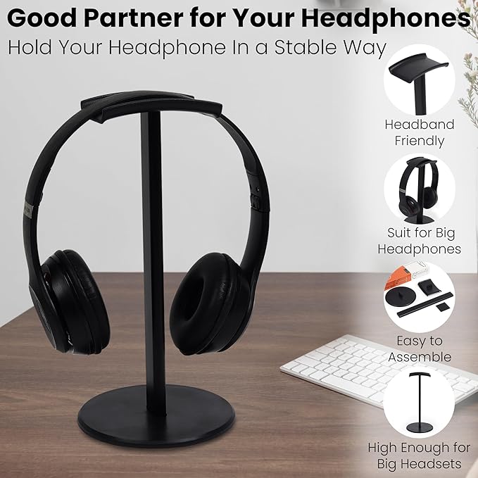 Headphone Stand for Desk, Curved Headset Stand with Aluminum Rod, Abs Solid Base, Gaming Headset Holder for Table Top,Headphone Accessories for Organization and Display (Black)