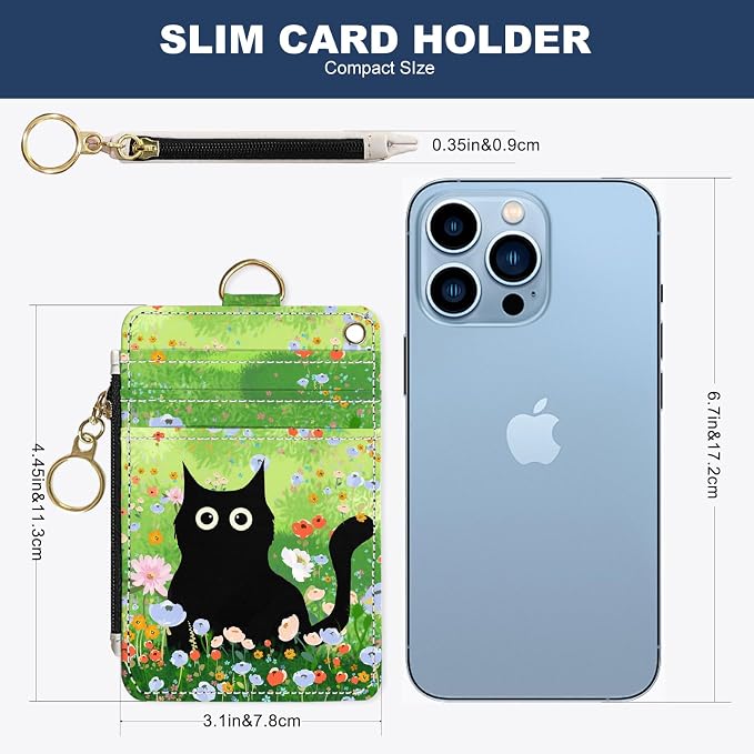 Slim Wallet Credit Card Holder, Cat on the Green Grass, RFID Wallet Women Cute Small Front Pocket Wallet With Zipper, PU Leather Thin travel RFID Blocking Card Case ID Window,Ladies Gifts
